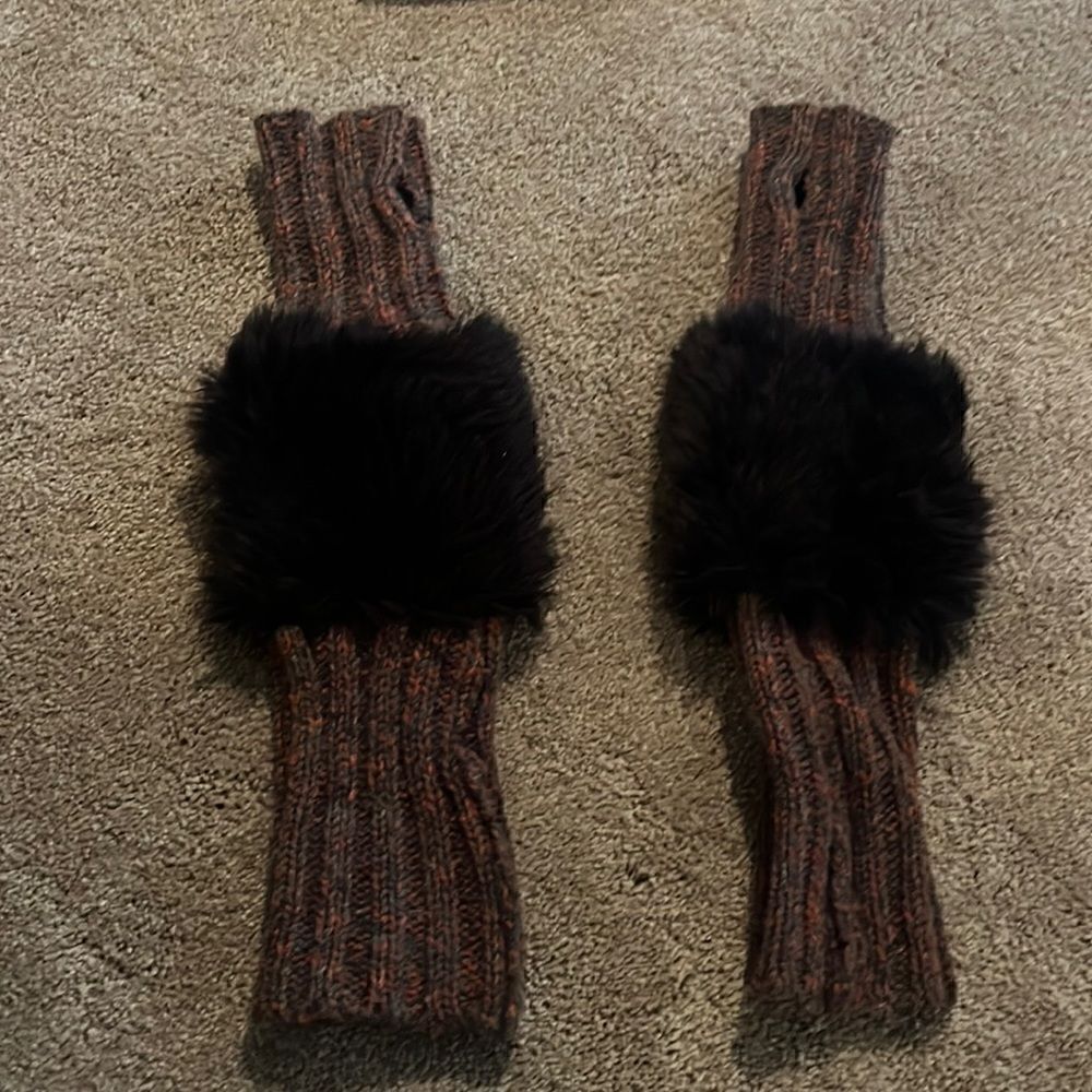Orange and navy blue arm warmers with finger holes! Perfect for winter!